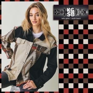 📌 Dani&Dani Soft & Comfy Twill & Knit Mix Aztec Jacket, Raw Seams Pockets Collar